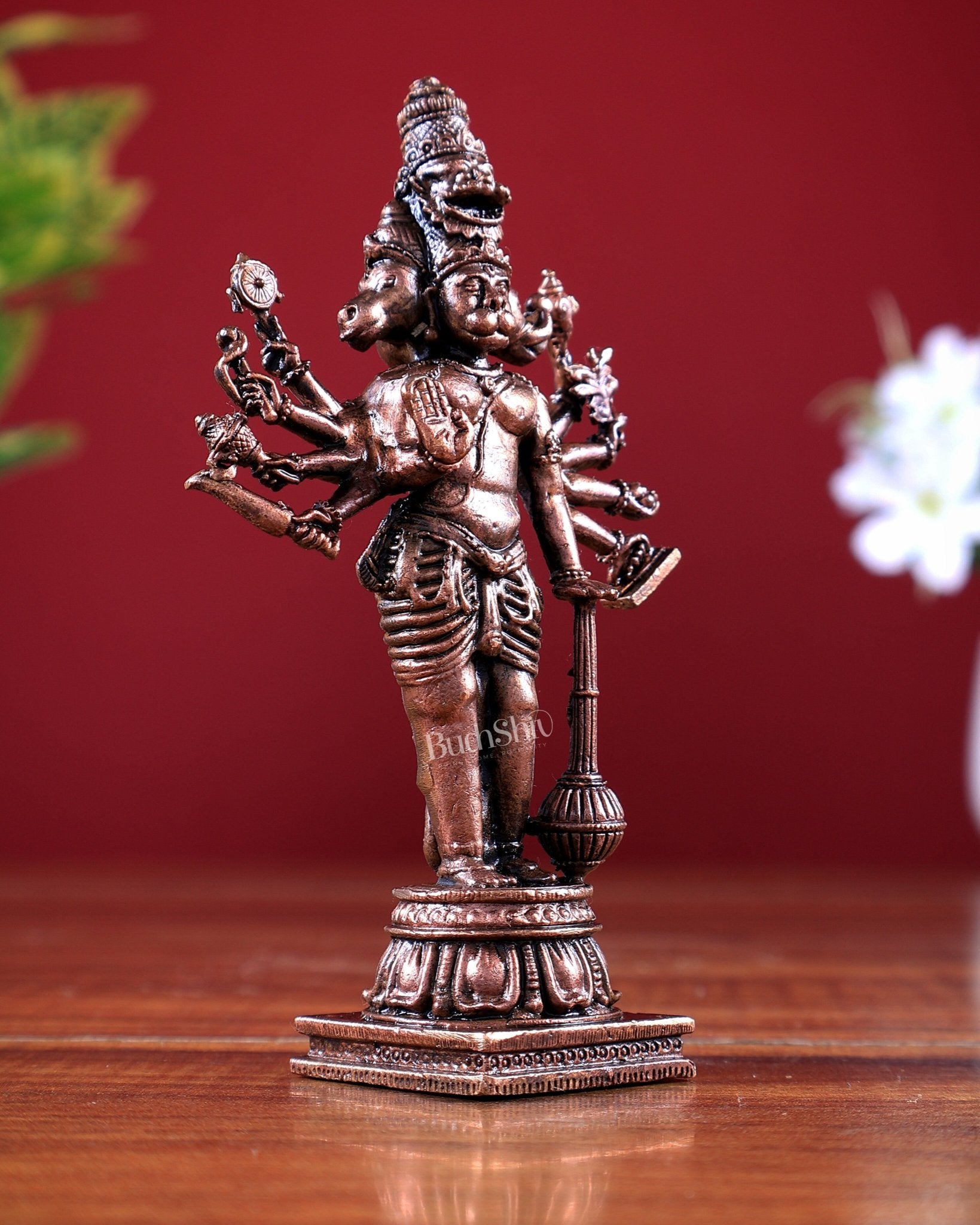 Pure Copper Standing Panchmukhi Hanuman Ji Idol - 4.5 in Height - Budhshiv.com