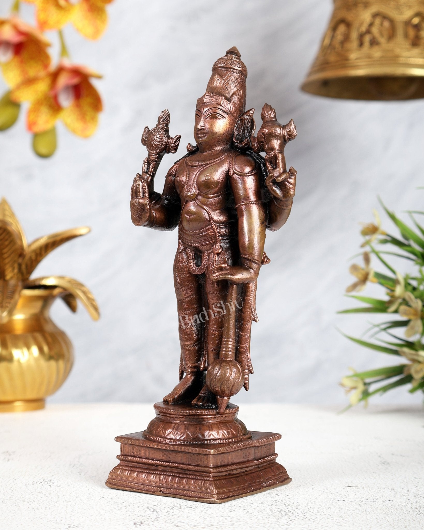 Pure Copper Standing Vishnu Idol – Divine Preserver Sculpture (6.5 Inches) - Budhshiv.com