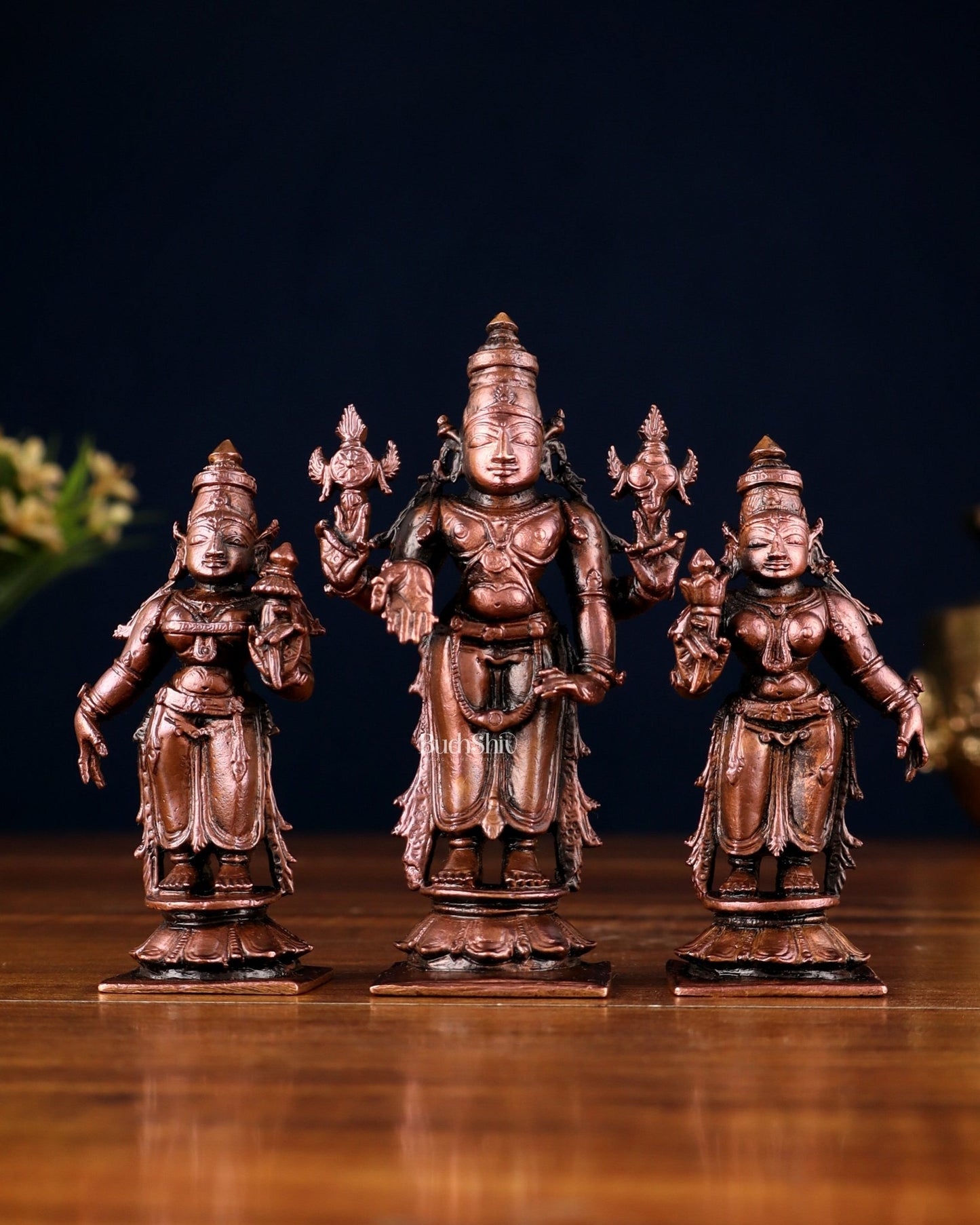 Pure Copper Tirupati Balaji Kalyana Murti Set – Vishnu with Bhudevi & Sridevi 4" - Budhshiv.com