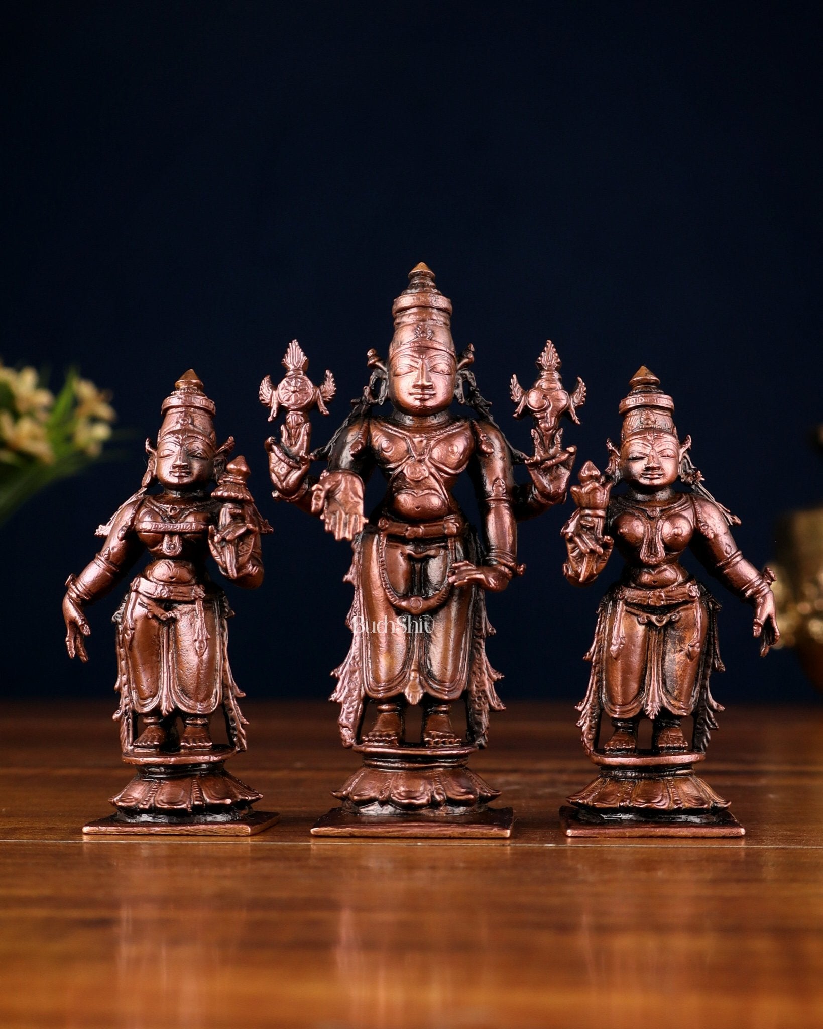 Pure Copper Tirupati Balaji Kalyana Murti Set – Vishnu with Bhudevi & Sridevi 4" - Budhshiv.com