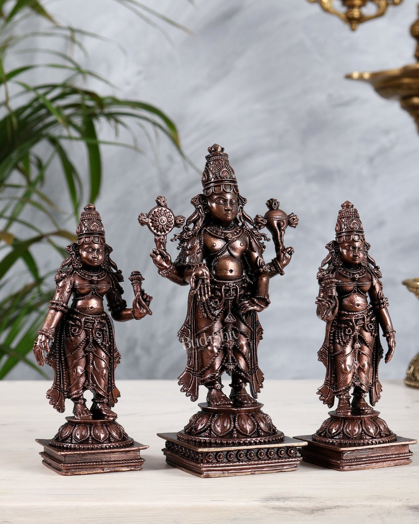 Pure Copper Tirupati Balaji with Bhoodevi Sridevi | Kalyanam Murti Idol Set Premium Finish 6" - Budhshiv.com