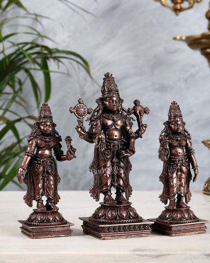 Pure Copper Tirupati Balaji with Bhoodevi Sridevi | Kalyanam Murti Idol Set Premium Finish 6" - Budhshiv.com