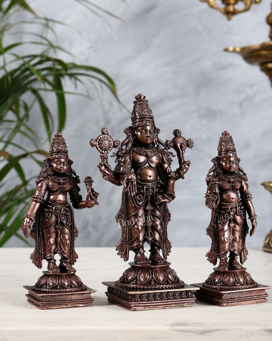 Pure Copper Tirupati Balaji with Bhoodevi Sridevi | Kalyanam Murti Idol Set Premium Finish 6" - Budhshiv.com