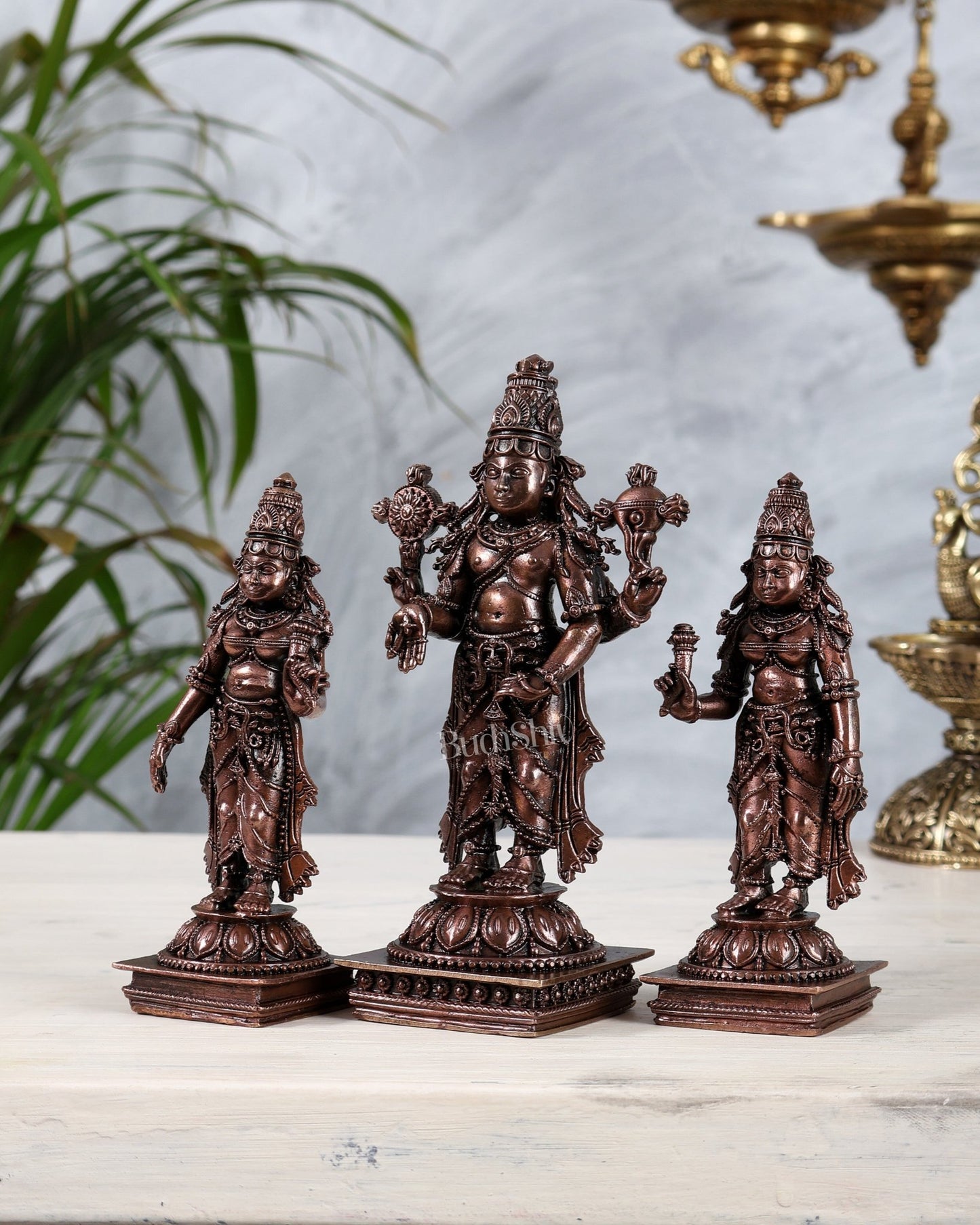 Pure Copper Tirupati Balaji with Bhoodevi Sridevi | Kalyanam Murti Idol Set Premium Finish 6" - Budhshiv.com