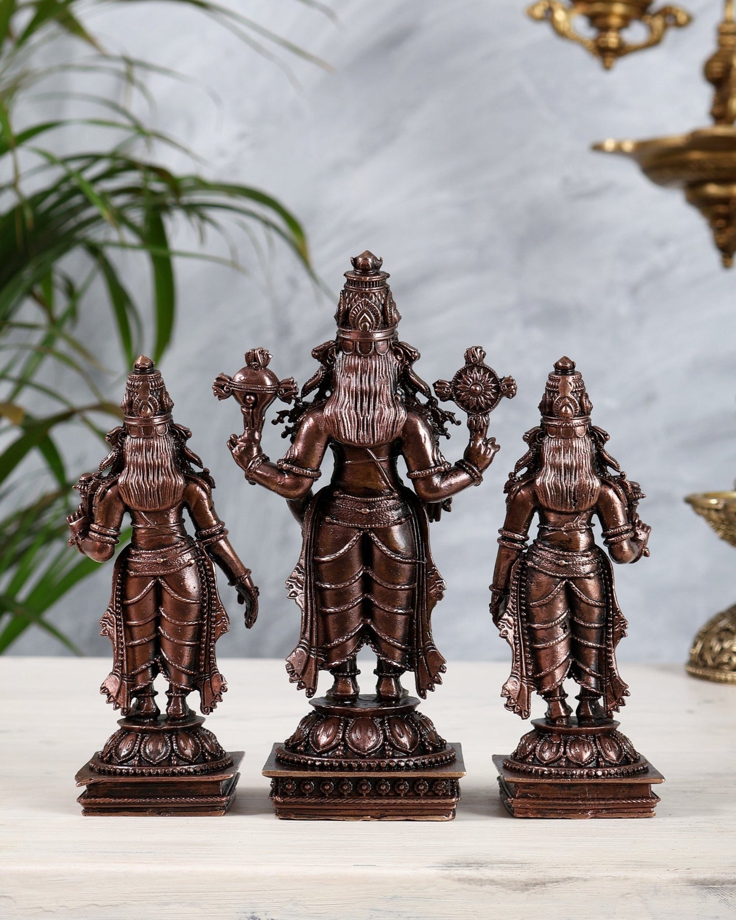 Pure Copper Tirupati Balaji with Bhoodevi Sridevi | Kalyanam Murti Idol Set Premium Finish 6" - Budhshiv.com
