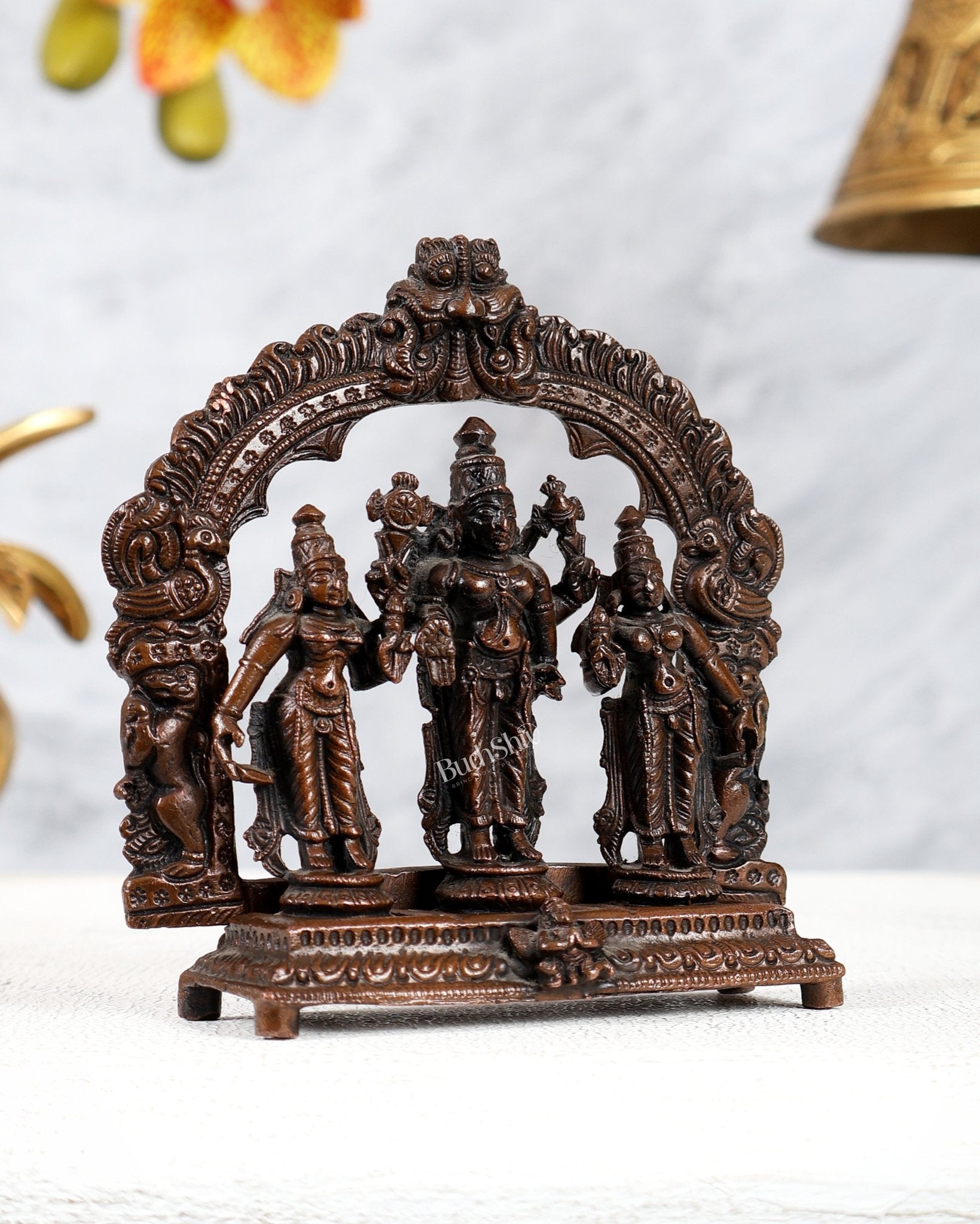 Pure Copper Tirupati Balaji with Bhudevi Sridevi Kalyanam Idols – Thiruvarchi Prabhavali Set (4 Inches) - Budhshiv.com