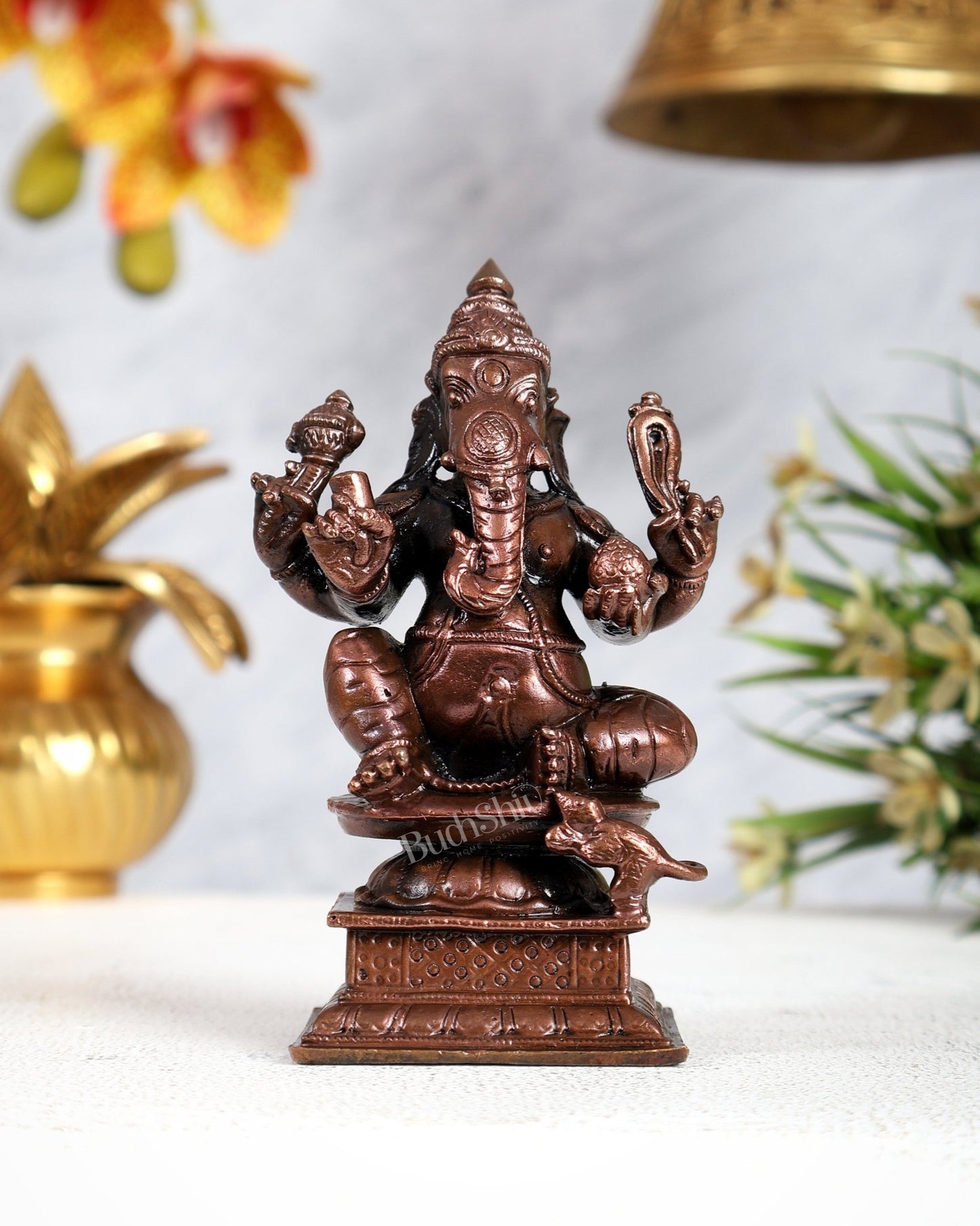 Pure Copper Valampuri Ganapati Idol | Right Trunk Ganesha 4.3 inch - Budhshiv.com