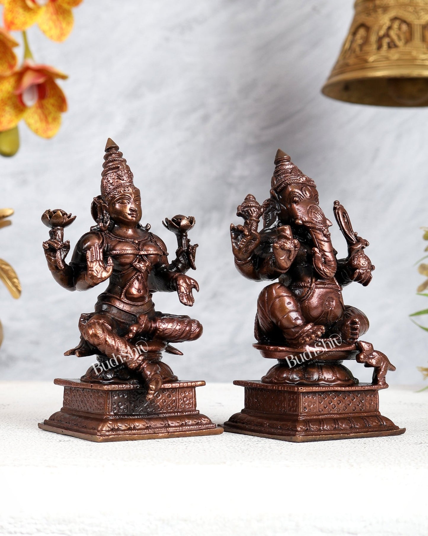 Pure Copper Valampuri Ganapati & Lakshmi Idol Pair – Divine Prosperity Set 4.5 inch - Budhshiv.com
