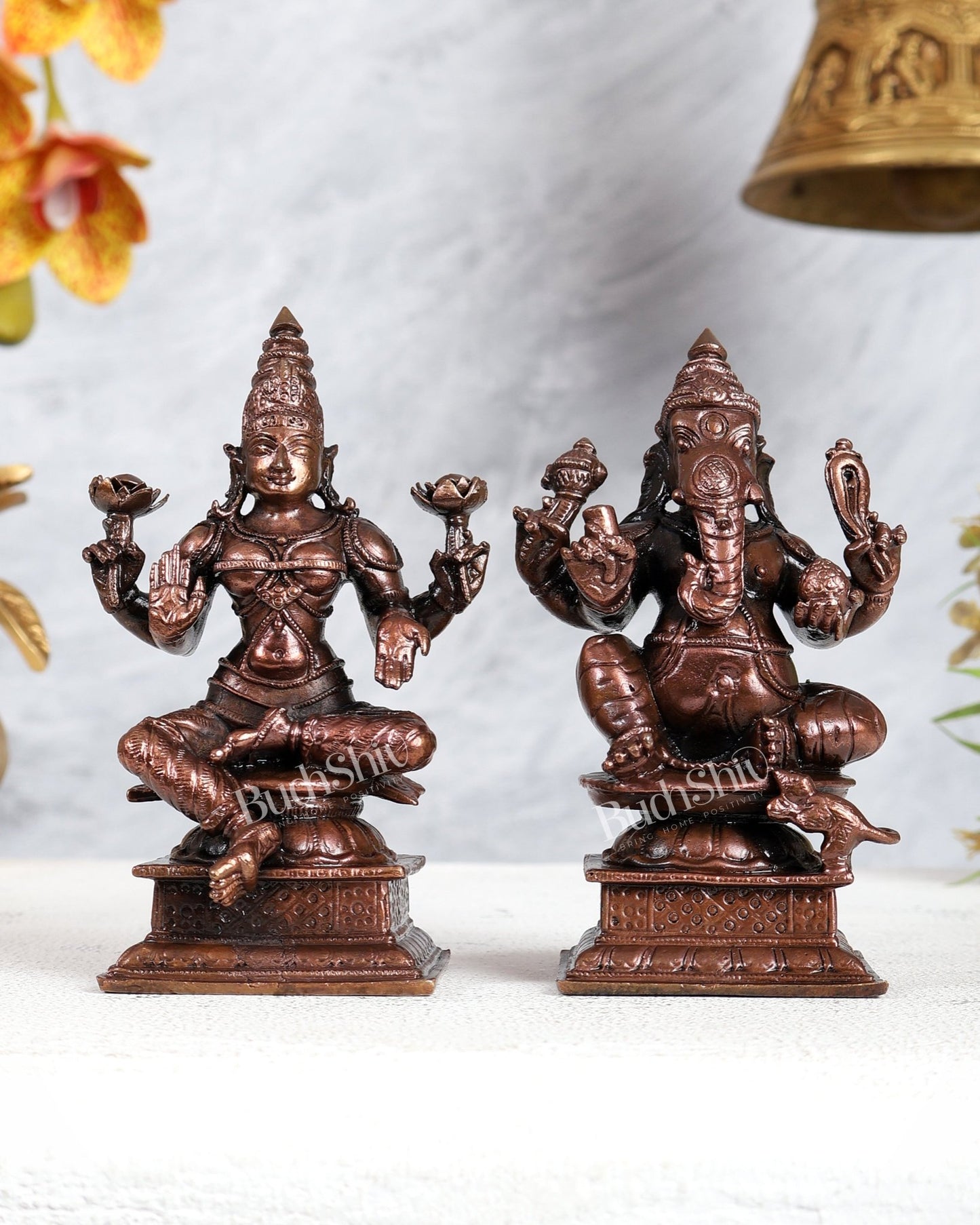 Pure Copper Valampuri Ganapati & Lakshmi Idol Pair – Divine Prosperity Set 4.5 inch - Budhshiv.com