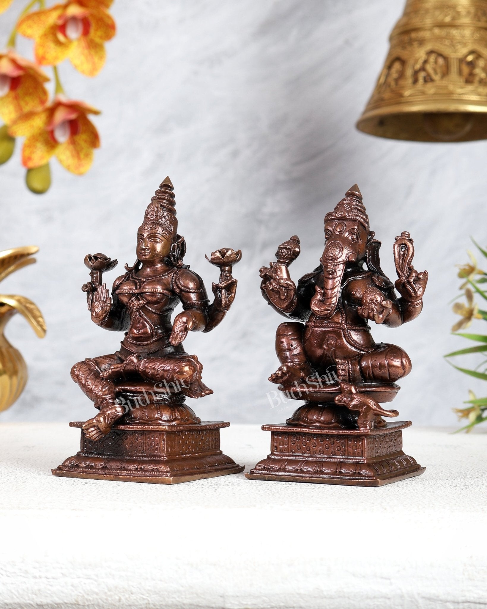 Pure Copper Valampuri Ganapati & Lakshmi Idol Pair – Divine Prosperity Set 4.5 inch - Budhshiv.com