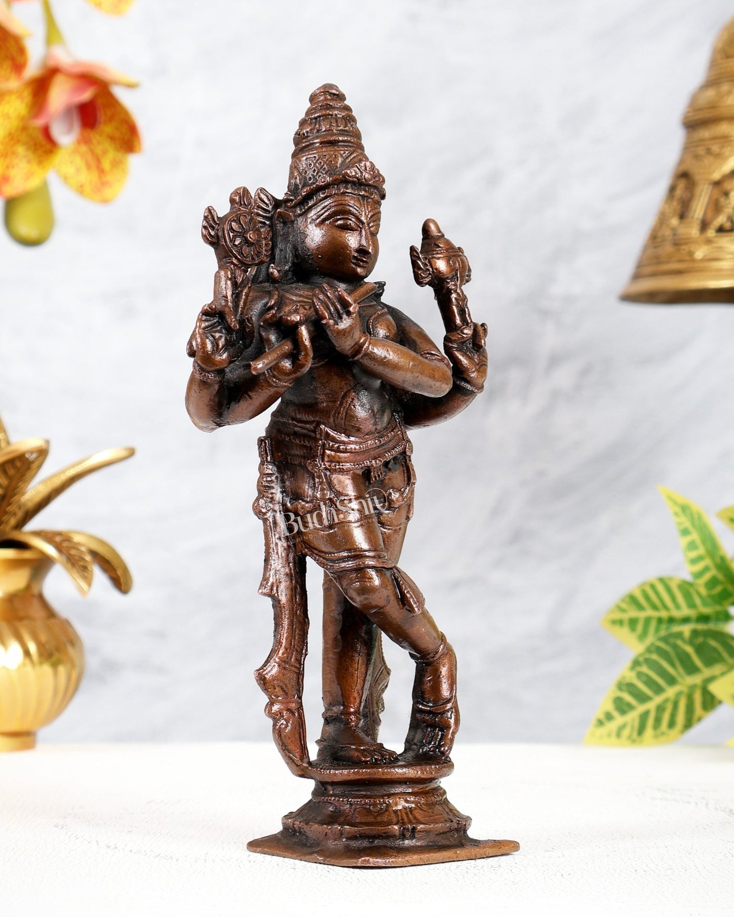 Pure Copper Vishnu Krishna Idol – Chaturbhuja Four Armed Statue with Shankh Chakra 7" - Budhshiv.com