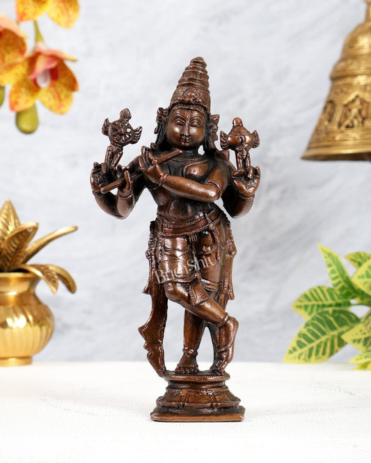 Pure Copper Vishnu Krishna Idol – Chaturbhuja Four Armed Statue with Shankh Chakra 7" - Budhshiv.com