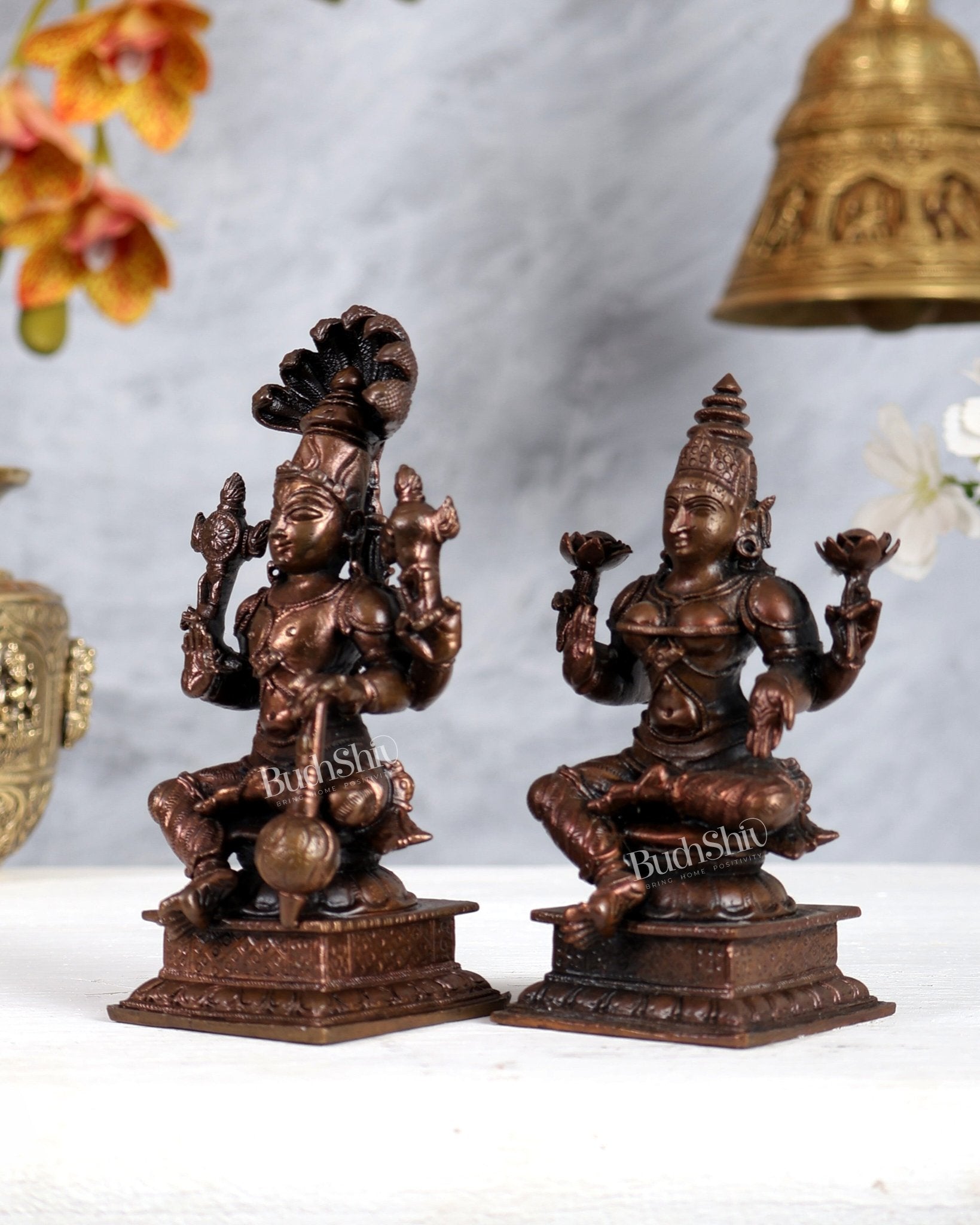 Pure Copper Vishnu Lakshmi Seated Idols – Divine Pair Sculpture Set (4.5 Inches Each) - Budhshiv.com
