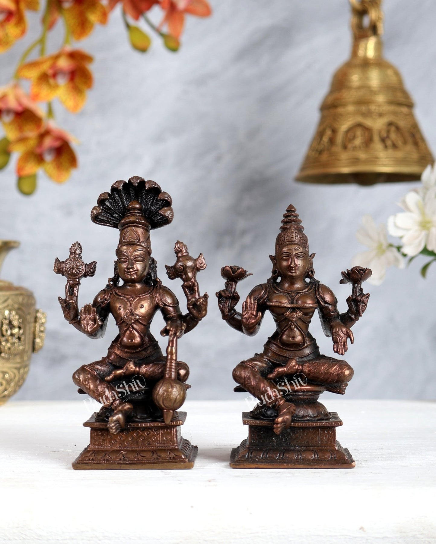 Pure Copper Vishnu Lakshmi Seated Idols – Divine Pair Sculpture Set (4.5 Inches Each) - Budhshiv.com