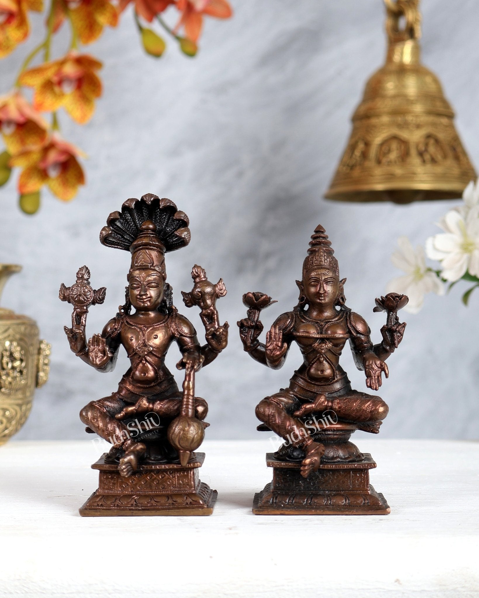 Pure Copper Vishnu Lakshmi Seated Idols – Divine Pair Sculpture Set (4.5 Inches Each) - Budhshiv.com