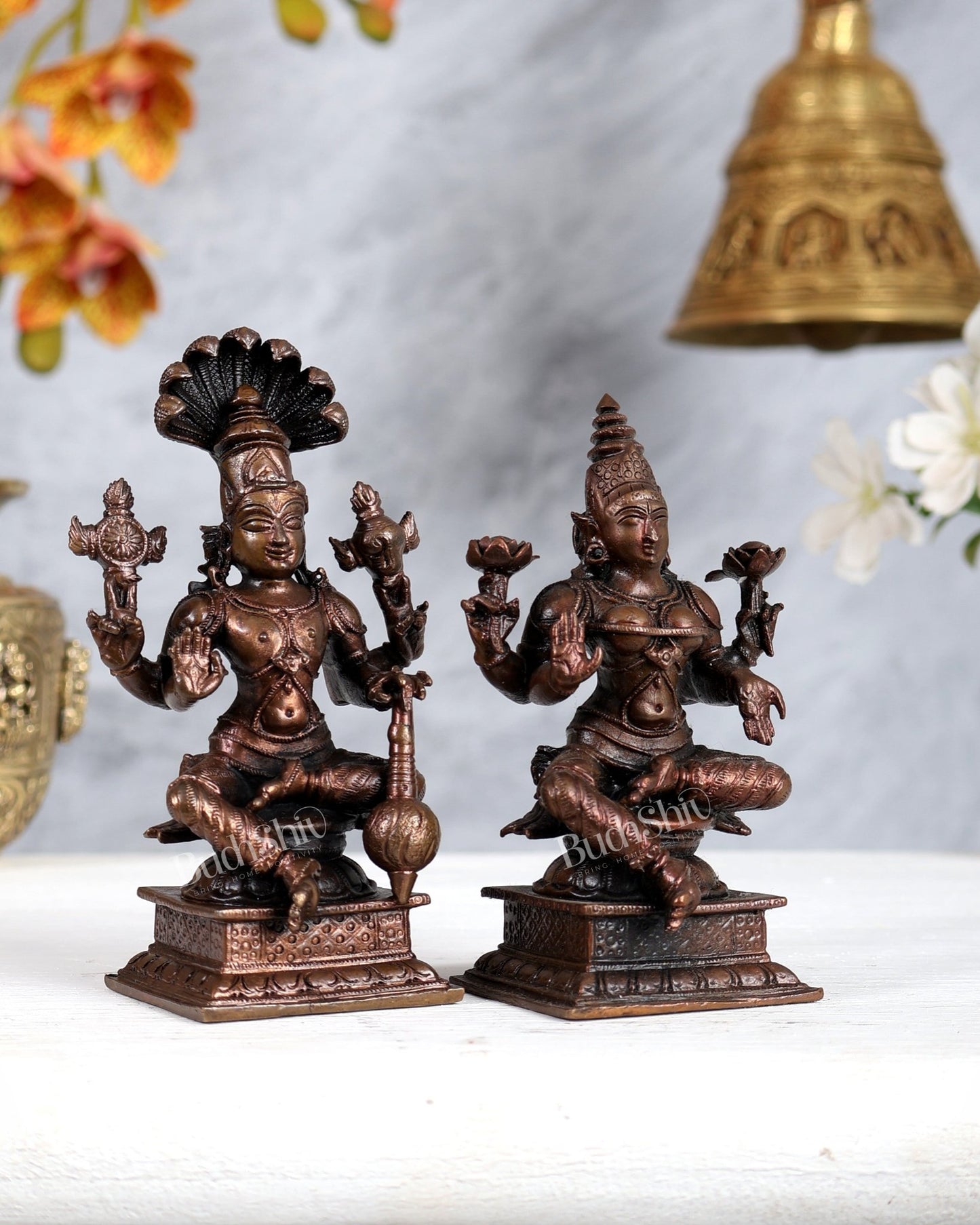Pure Copper Vishnu Lakshmi Seated Idols – Divine Pair Sculpture Set (4.5 Inches Each) - Budhshiv.com