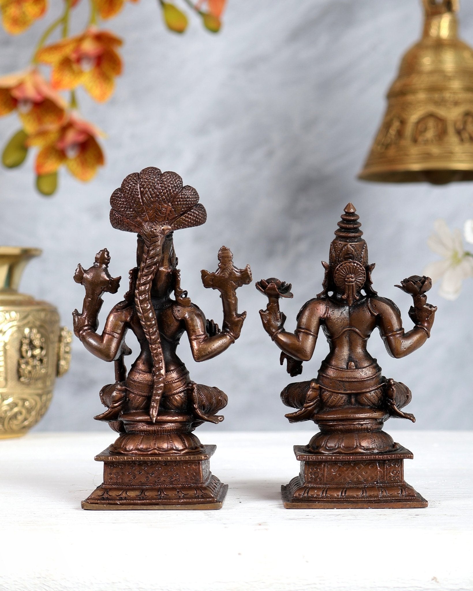 Pure Copper Vishnu Lakshmi Seated Idols – Divine Pair Sculpture Set (4.5 Inches Each) - Budhshiv.com