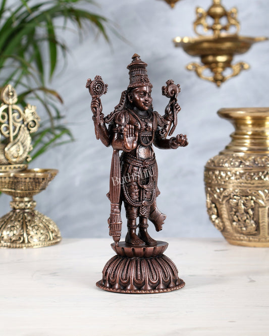 Pure Copper Vishnu Narayan Standing Sculpture with Padma (Lotus) 6.5" - Budhshiv.com