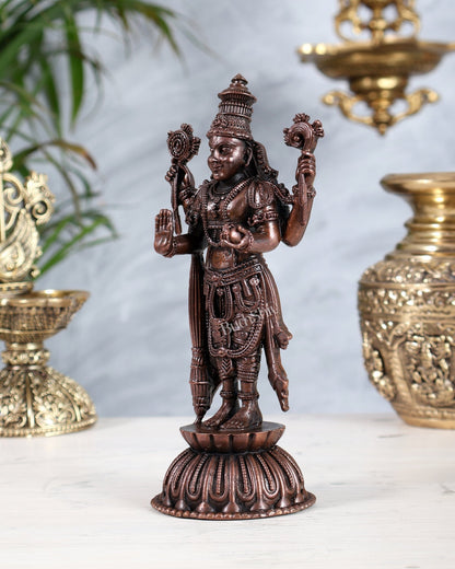 Pure Copper Vishnu Narayan Standing Sculpture with Padma (Lotus) 6.5" - Budhshiv.com
