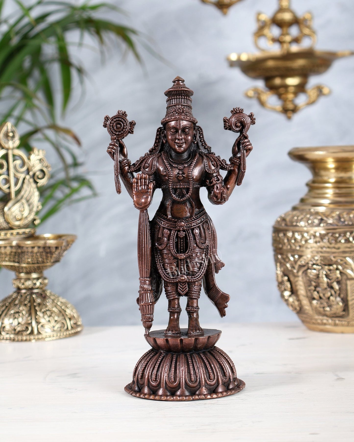 Pure Copper Vishnu Narayan Standing Sculpture with Padma (Lotus) 6.5" - Budhshiv.com