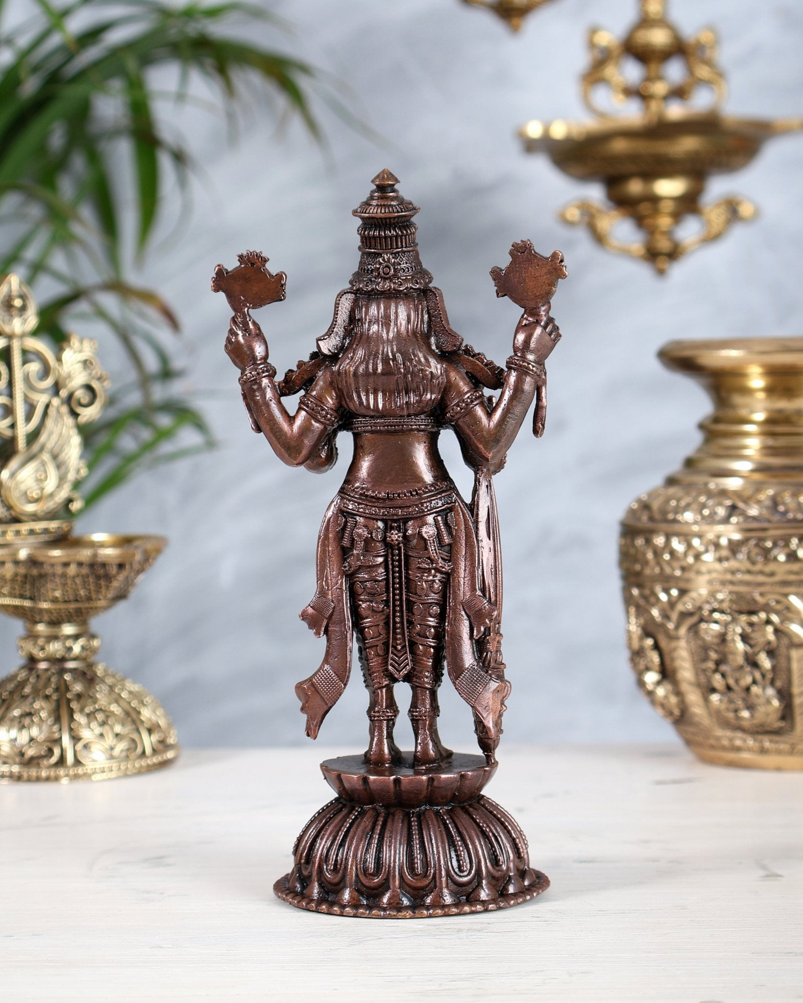 Pure Copper Vishnu Narayan Standing Sculpture with Padma (Lotus) 6.5" - Budhshiv.com