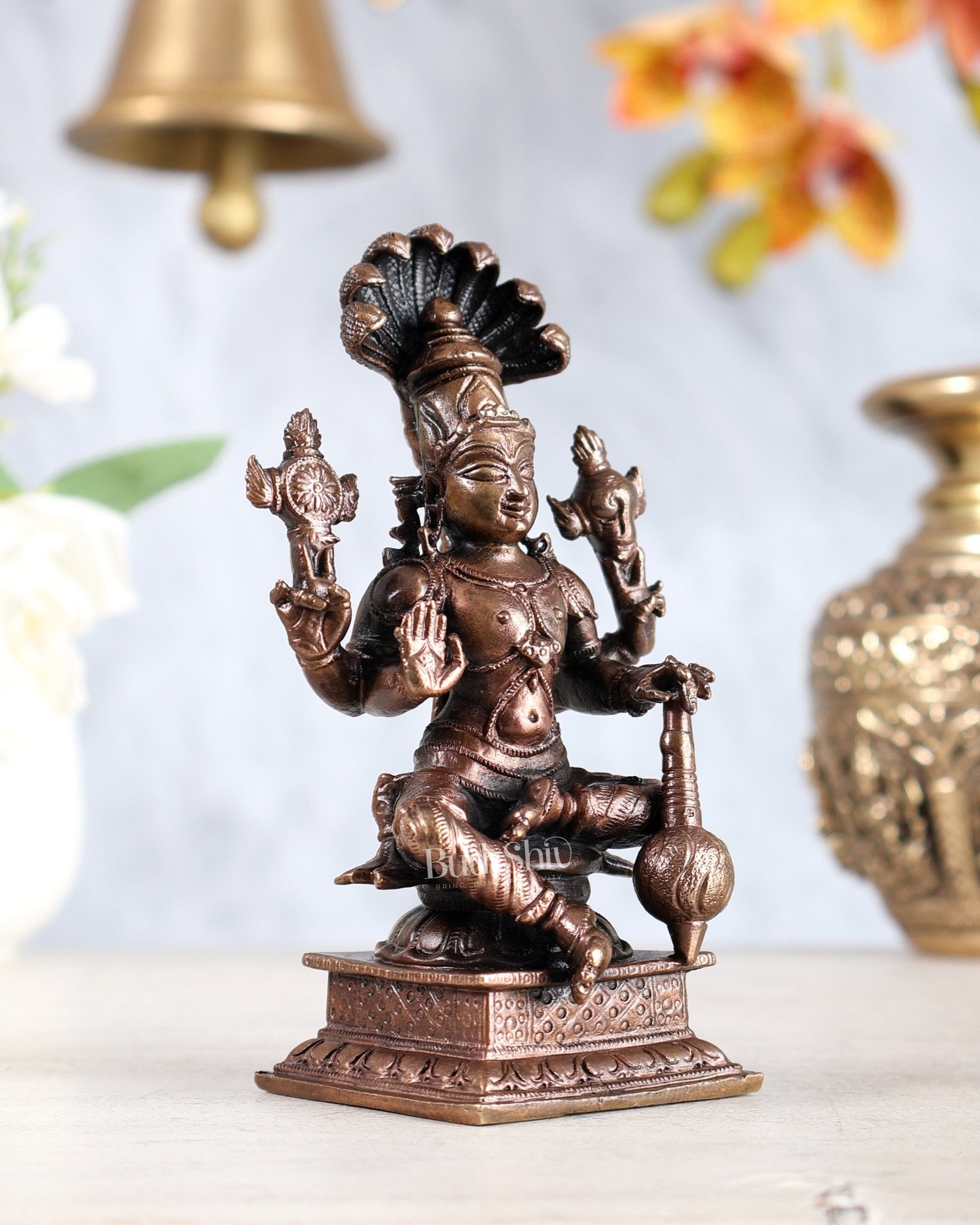 Pure Copper Vishnu Narayan with Sheshnag Idol – Seated Adi Shesha Vishnu Statue 5" - Budhshiv.com