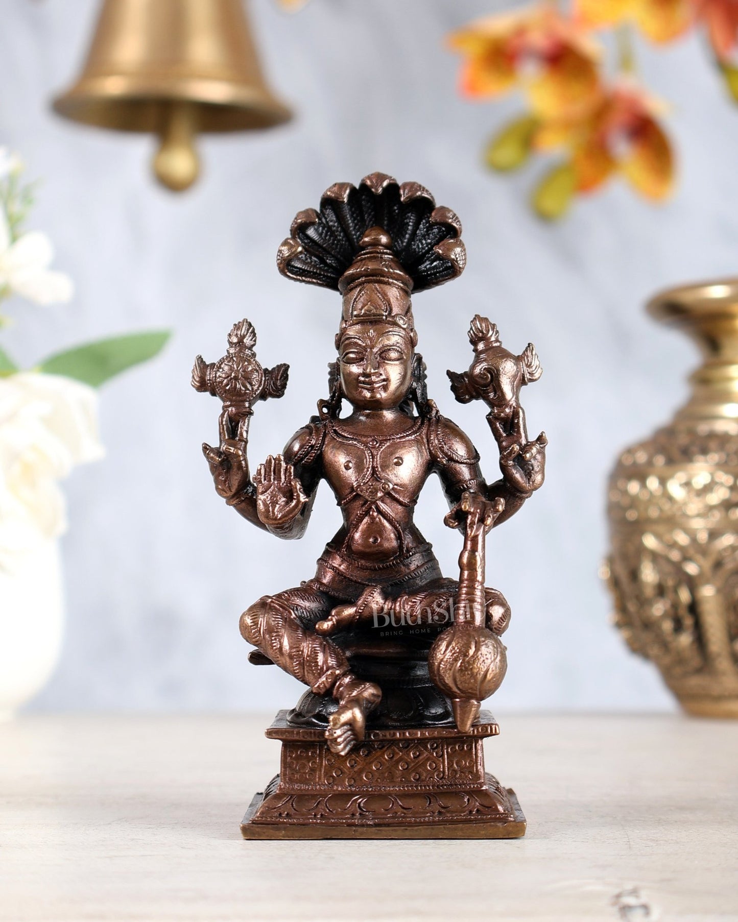 Pure Copper Vishnu Narayan with Sheshnag Idol – Seated Adi Shesha Vishnu Statue 5" - Budhshiv.com