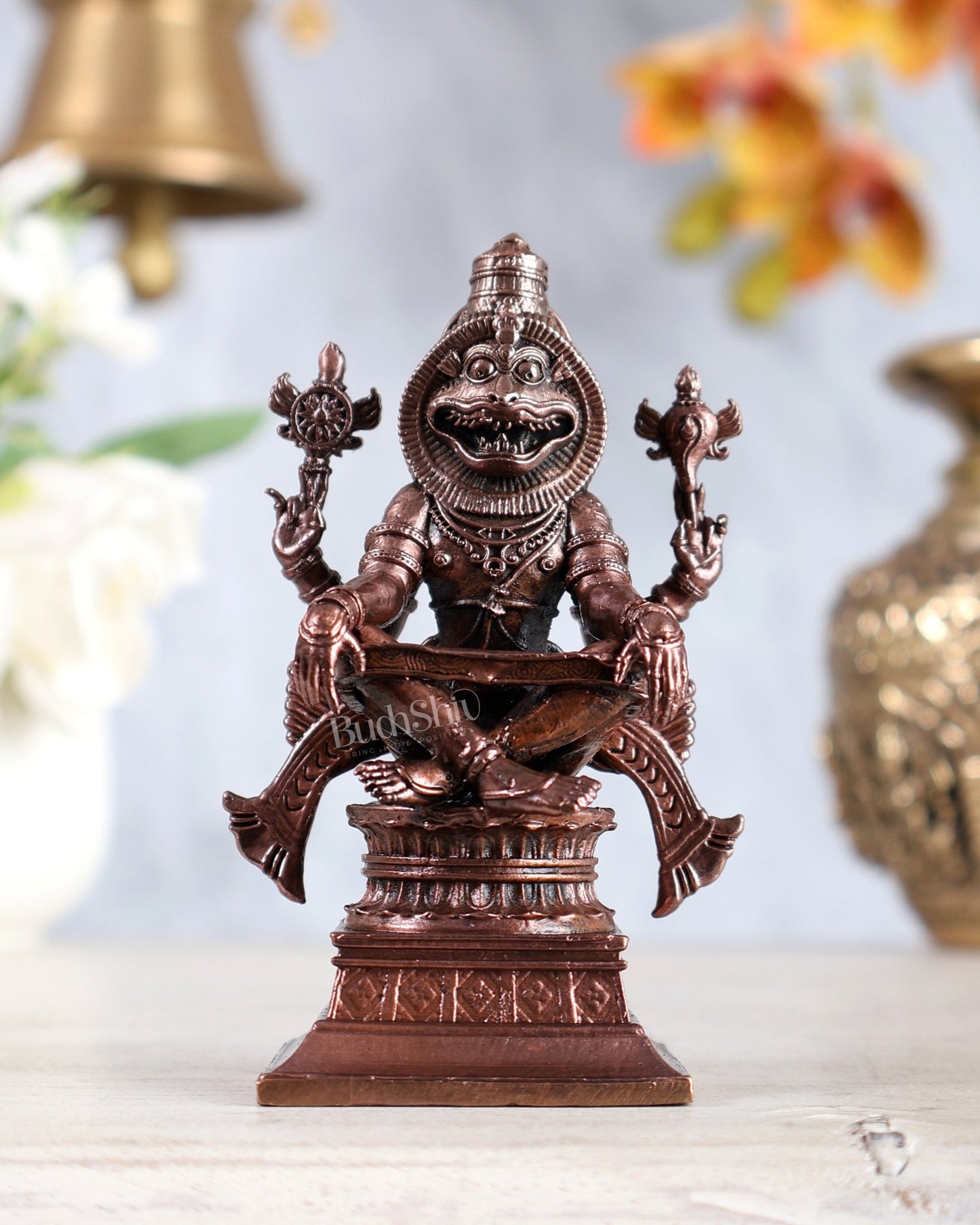 Pure Copper Yog Narasimha Idol 4" - Budhshiv.com