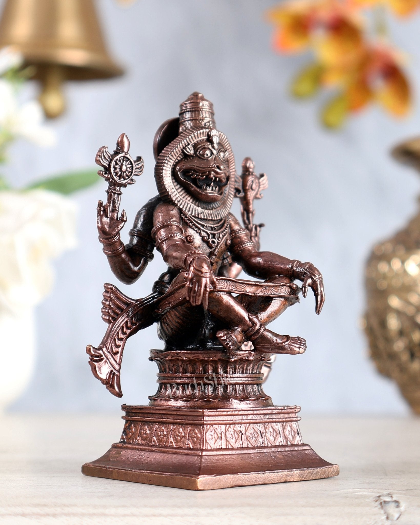 Pure Copper Yog Narasimha Idol 4" - Budhshiv.com