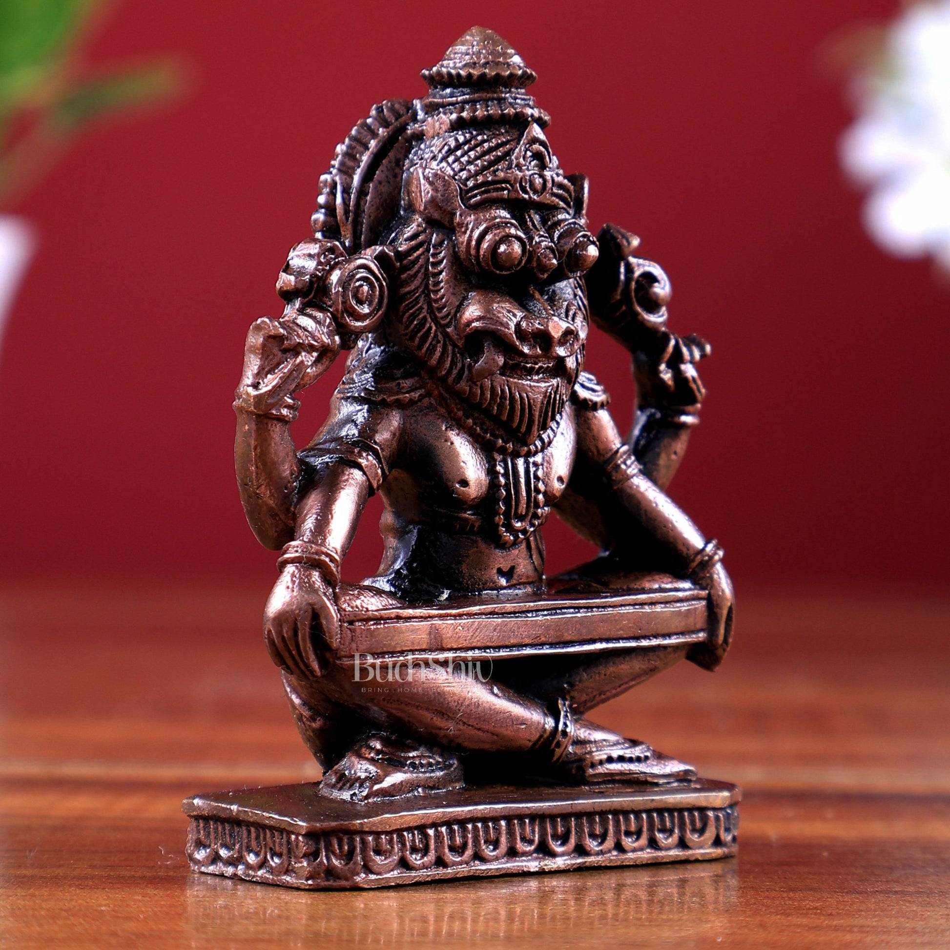 Pure Copper Yog Narasimha Miniature Idol 3 inch - Budhshiv.com