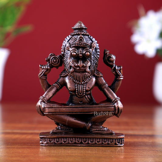 Pure Copper Yog Narasimha Miniature Idol 3 inch - Budhshiv.com