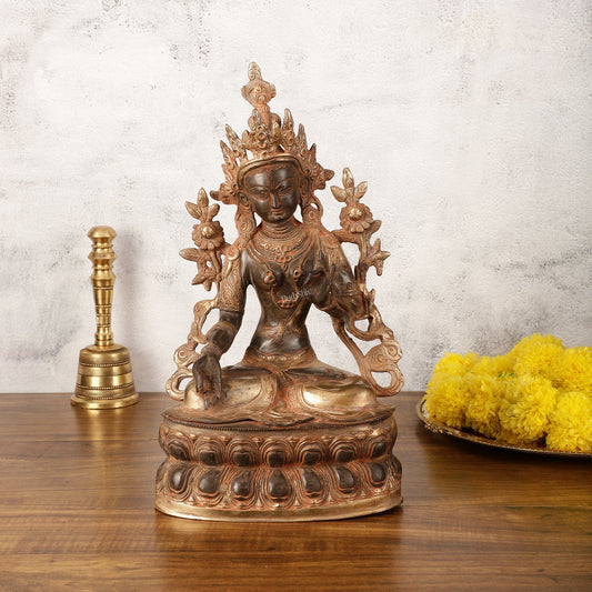 Pure Fine Brass White Tara Statue - 14" Tall - Antique Sand Patina - Budhshiv.com