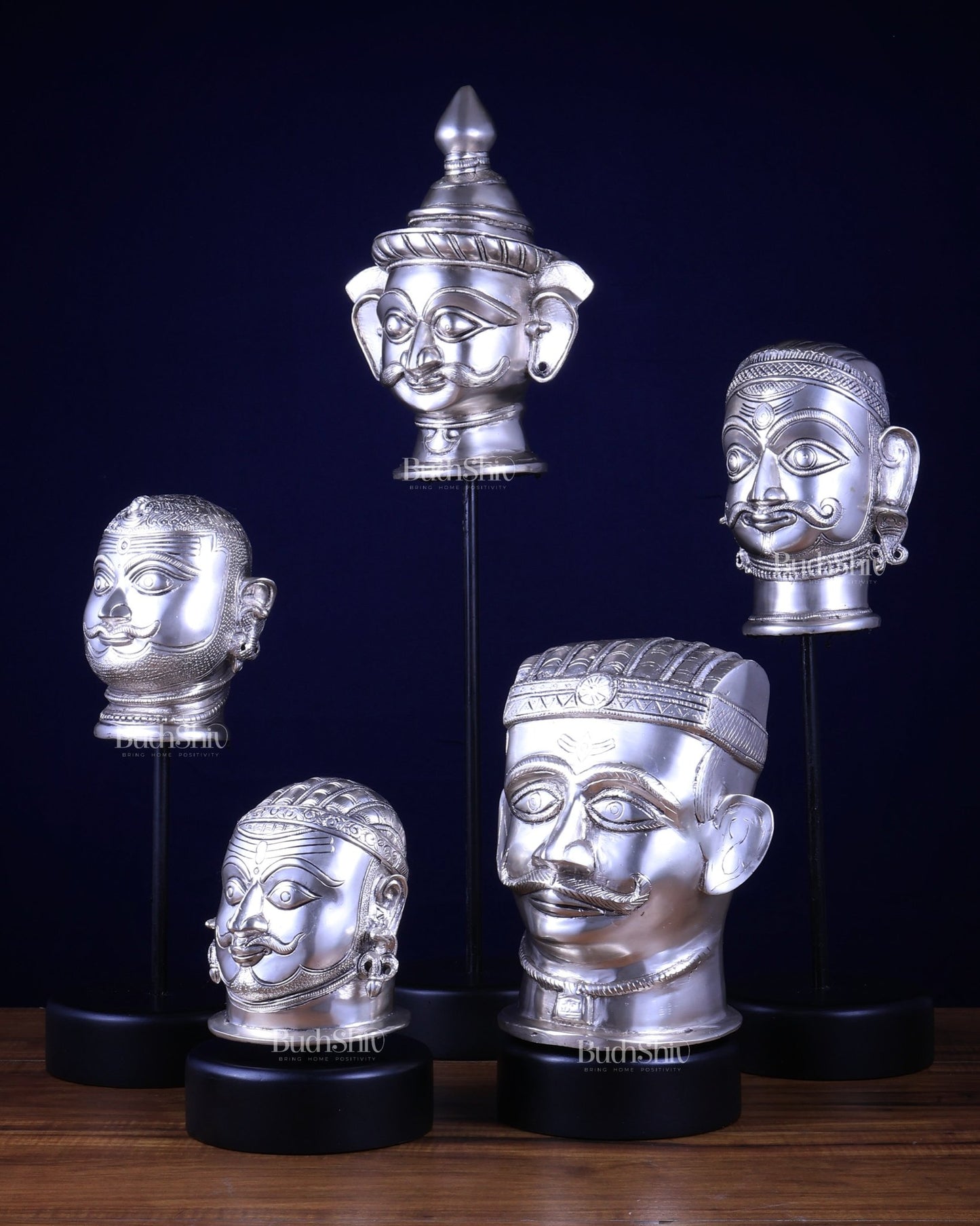 Pure Silver - Plated Brass Shiva Mukhlingam with Wooden Base set of 5 - Budhshiv.com