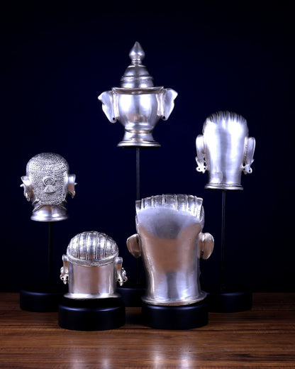 Pure Silver - Plated Brass Shiva Mukhlingam with Wooden Base set of 5 - Budhshiv.com