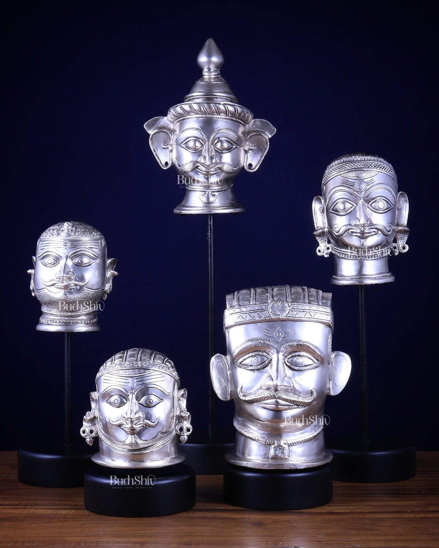 Pure Silver - Plated Brass Shiva Mukhlingam with Wooden Base set of 5 - Budhshiv.com