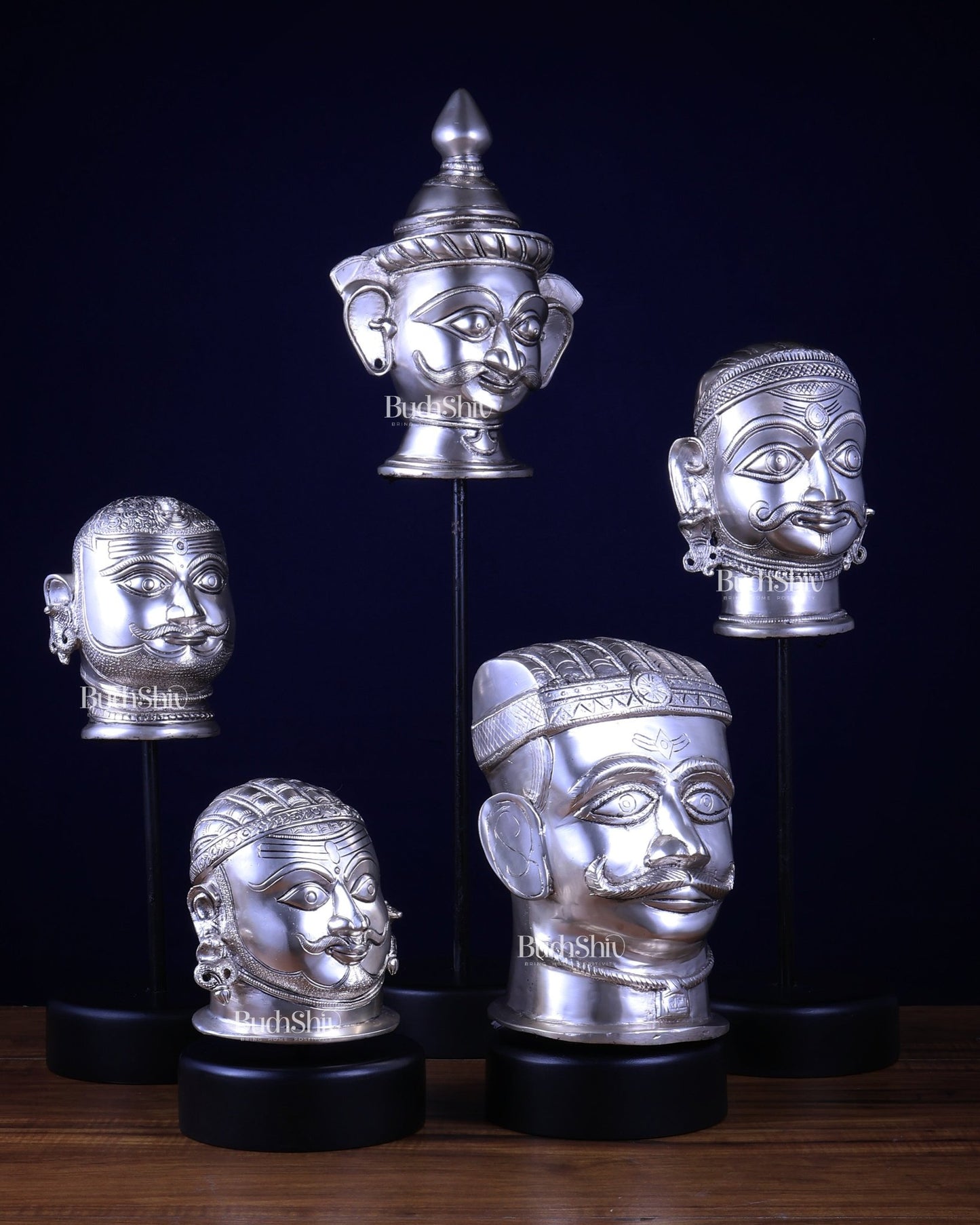 Pure Silver - Plated Brass Shiva Mukhlingam with Wooden Base set of 5 - Budhshiv.com