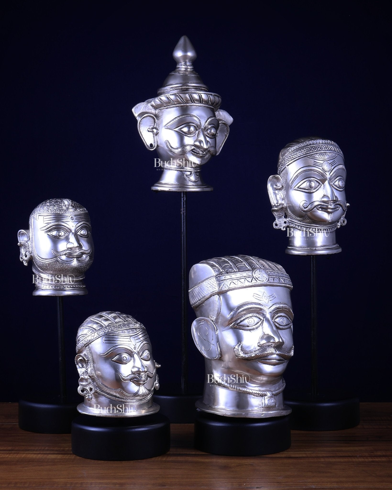 Pure Silver - Plated Brass Shiva Mukhlingam with Wooden Base set of 5 - Budhshiv.com