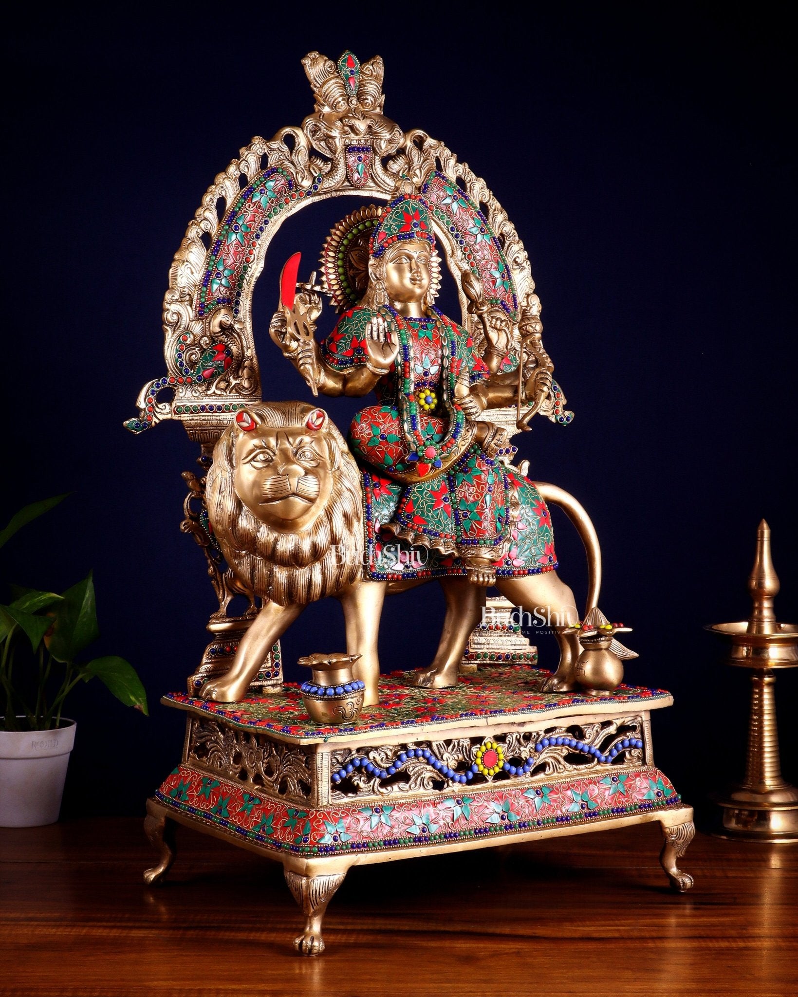 Pure Superfine Brass Goddess Durga Statue with Floral Stonework – 26.5 Inch - Budhshiv.com