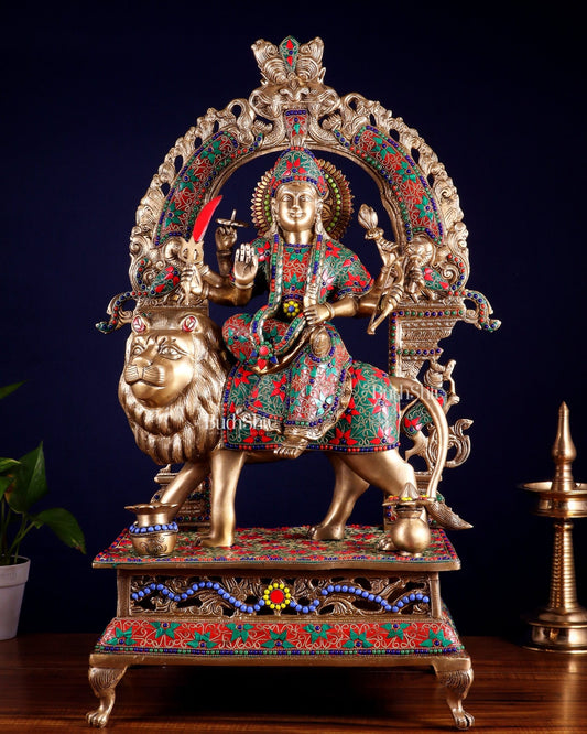 Pure Superfine Brass Goddess Durga Statue with Floral Stonework – 26.5 Inch - Budhshiv.com