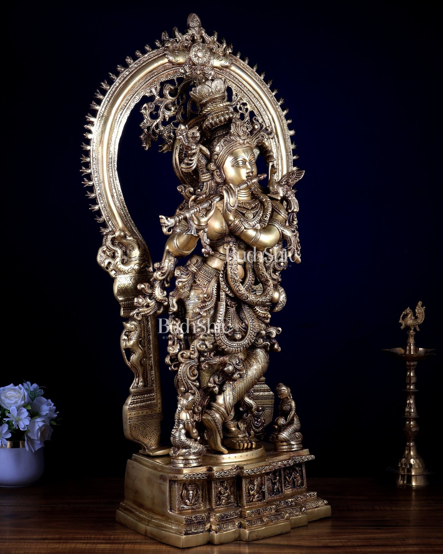 Pure Superfine Brass Krishna Statue with Large Embossed Prabhavali (32 Inches) - Budhshiv.com