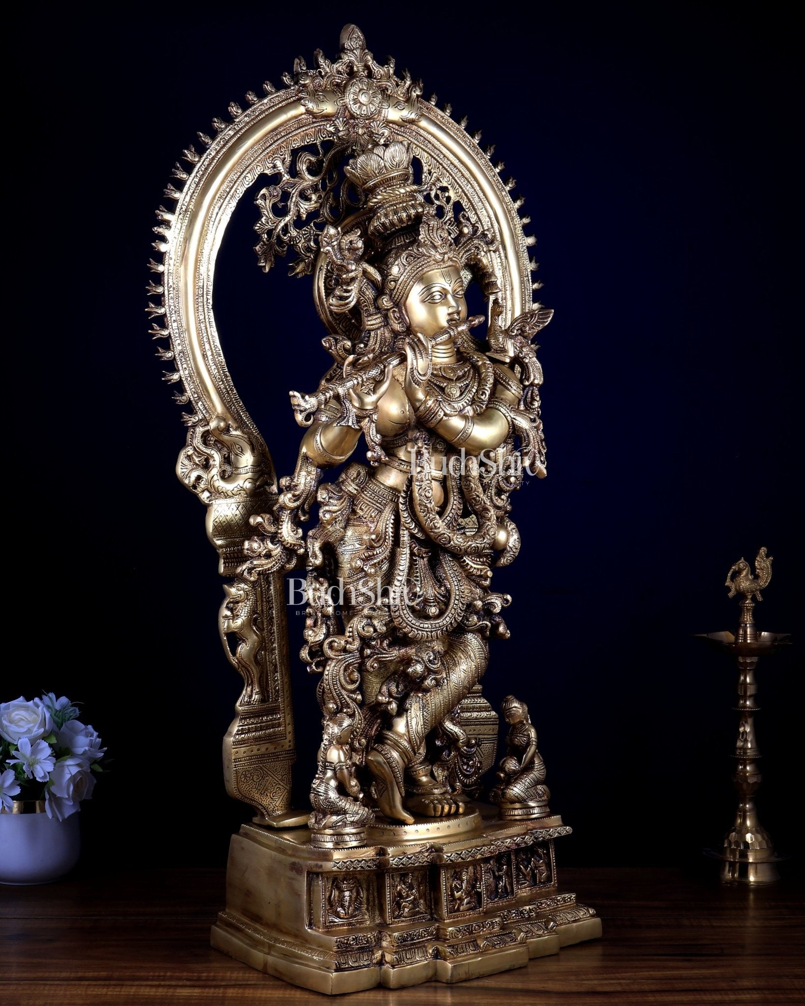 Pure Superfine Brass Krishna Statue with Large Embossed Prabhavali (32 Inches) - Budhshiv.com