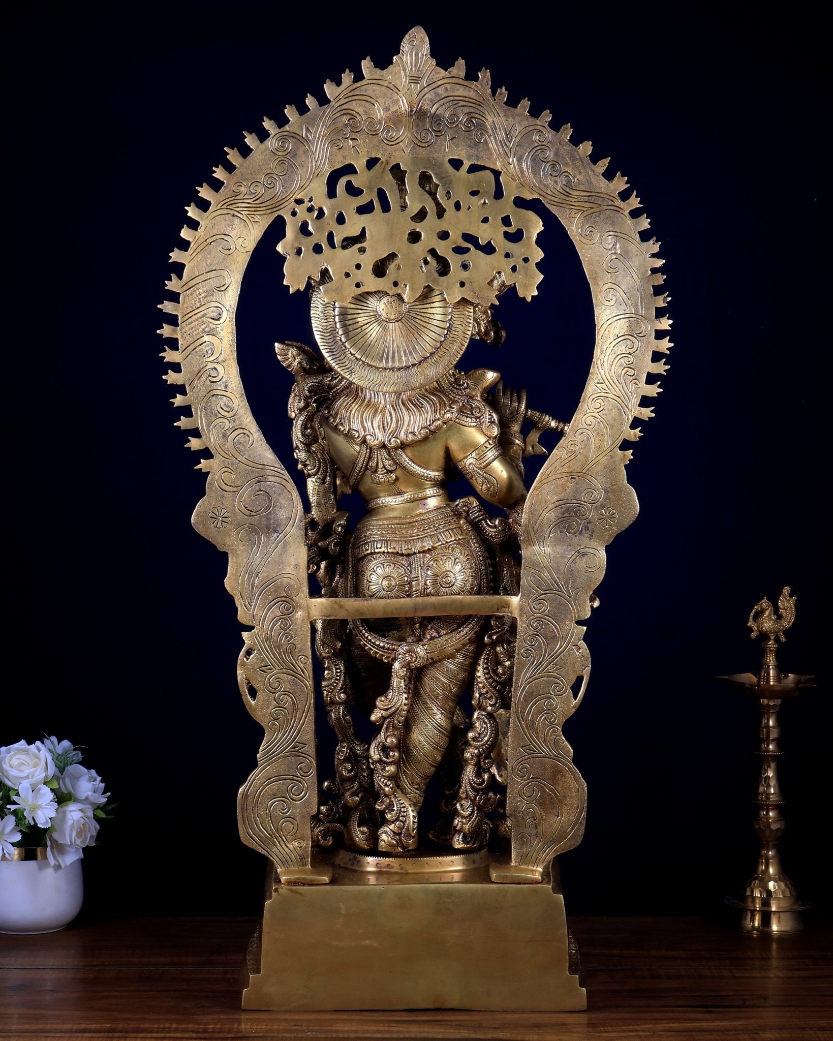 Pure Superfine Brass Krishna Statue with Large Embossed Prabhavali (32 Inches) - Budhshiv.com