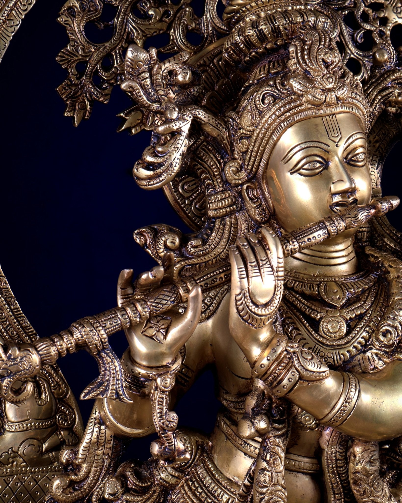 Pure Superfine Brass Krishna Statue with Large Embossed Prabhavali (32 Inches) - Budhshiv.com