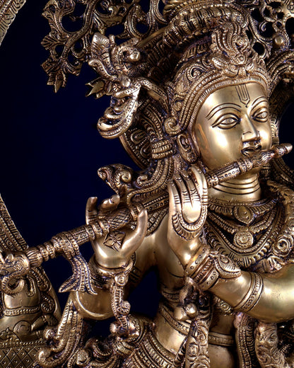 Pure Superfine Brass Krishna Statue with Large Embossed Prabhavali (32 Inches) - Budhshiv.com
