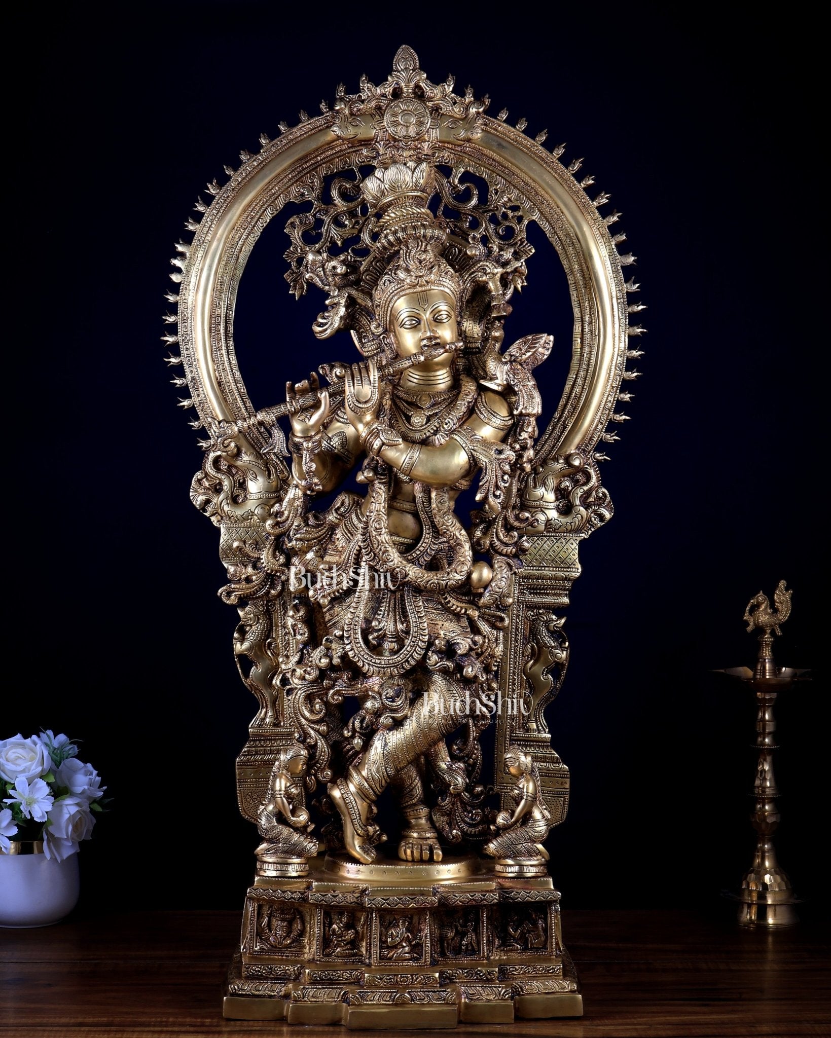 Pure Superfine Brass Krishna Statue with Large Embossed Prabhavali (32 Inches) - Budhshiv.com