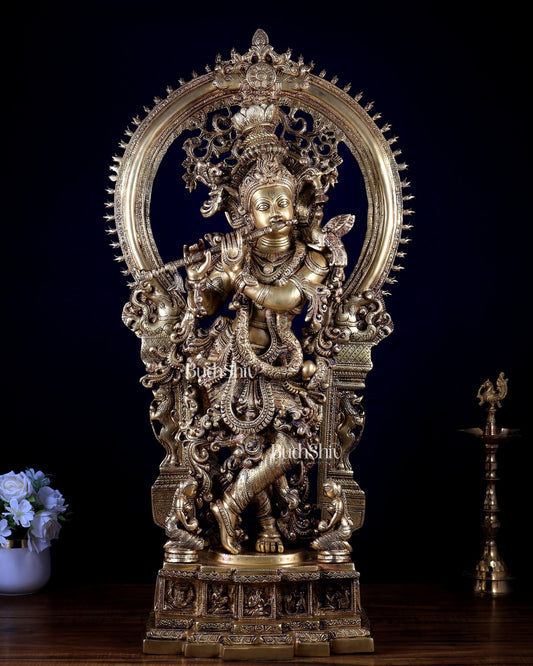 Pure Superfine Brass Krishna Statue with Large Embossed Prabhavali (32 Inches) - Budhshiv.com