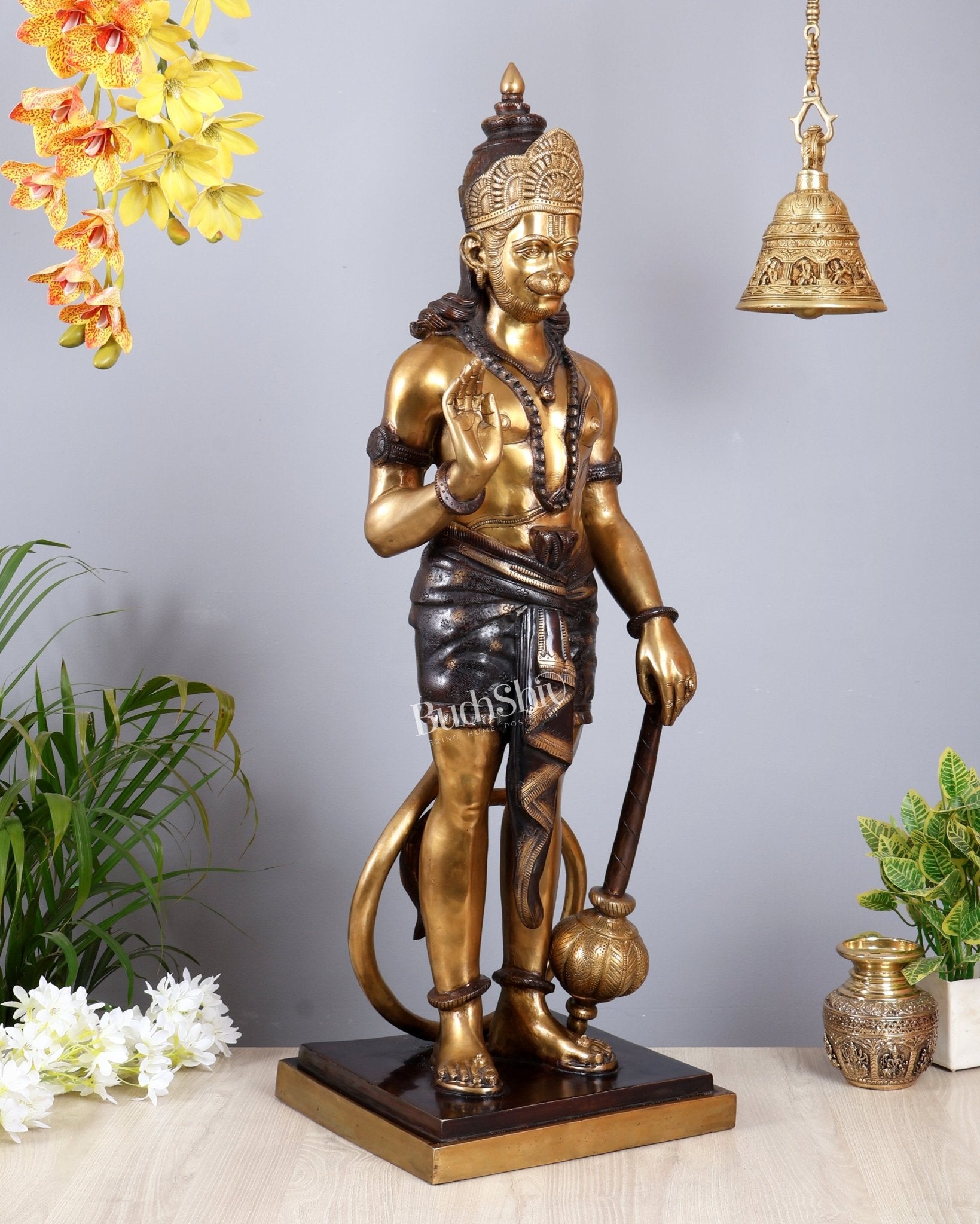 Pure Superfine Brass Large Standing Hanuman Statue 38" - Budhshiv.com