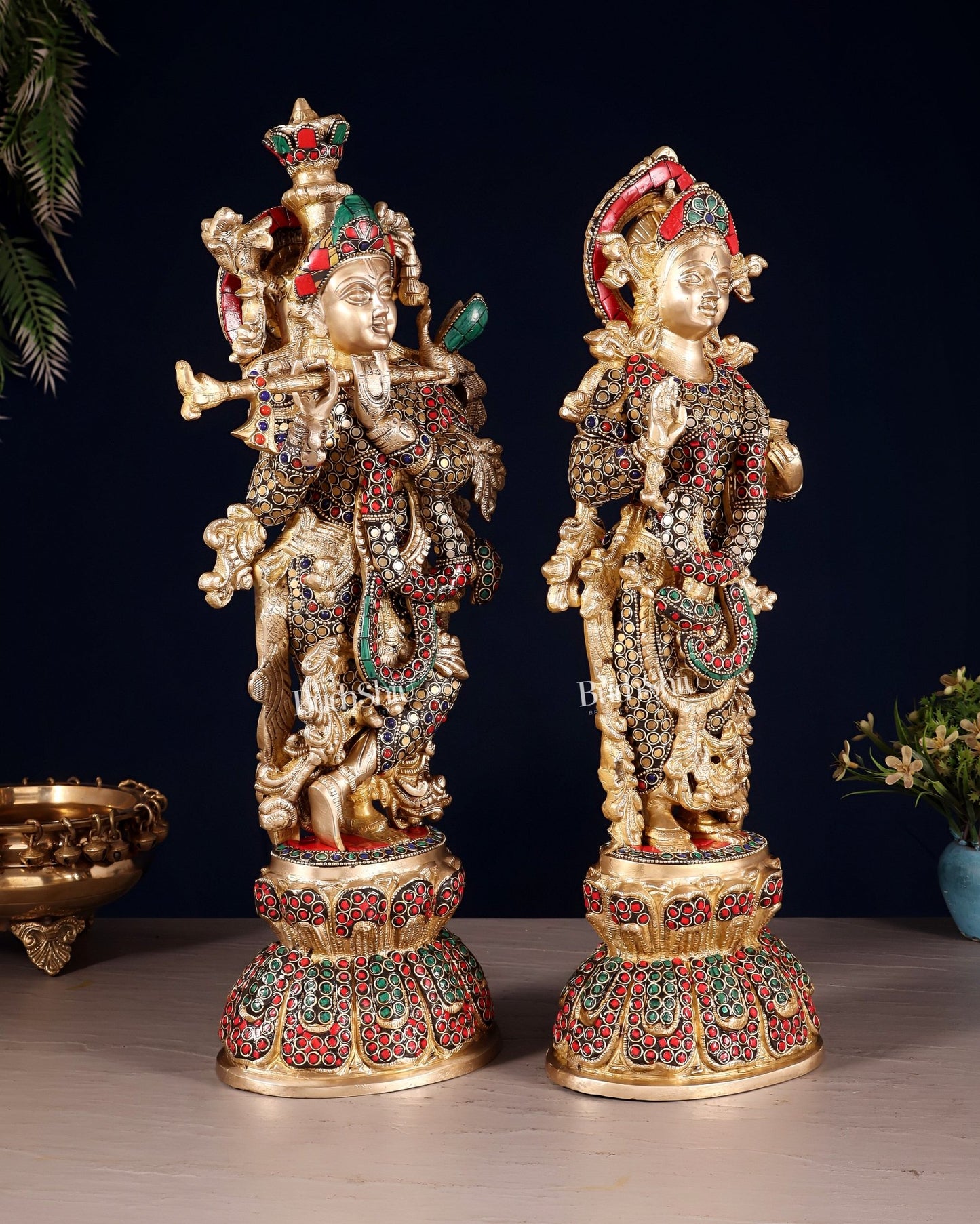 Radha Krishna Brass idols 18 inch with ring stonework - Budhshiv.com
