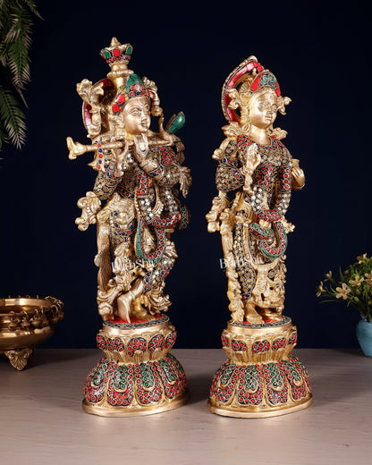 Radha Krishna Brass idols 18 inch with ring stonework - Budhshiv.com