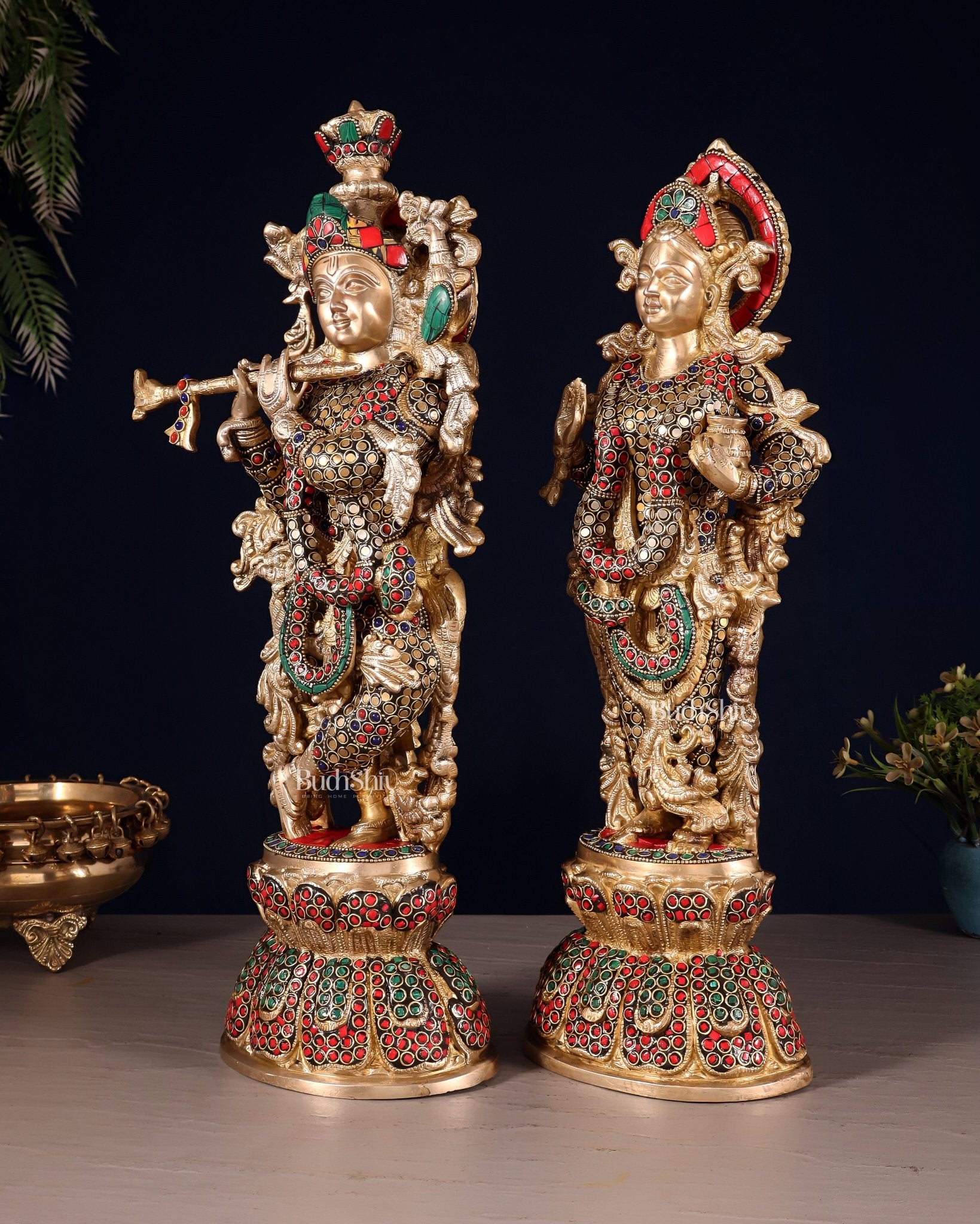 Radha Krishna Brass idols 18 inch with ring stonework - Budhshiv.com